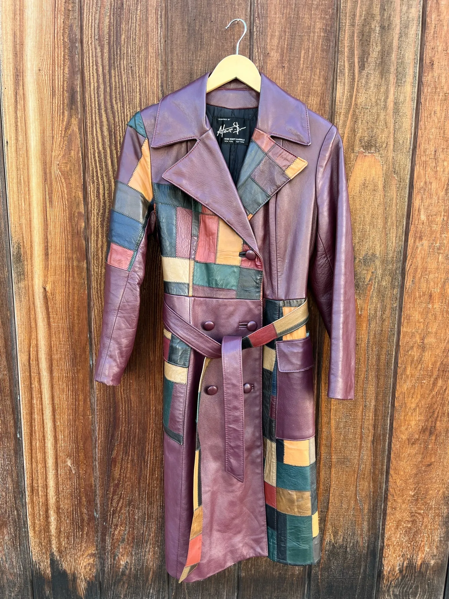 1970s Burgundy Ox Blood Patchwork Leather Trench