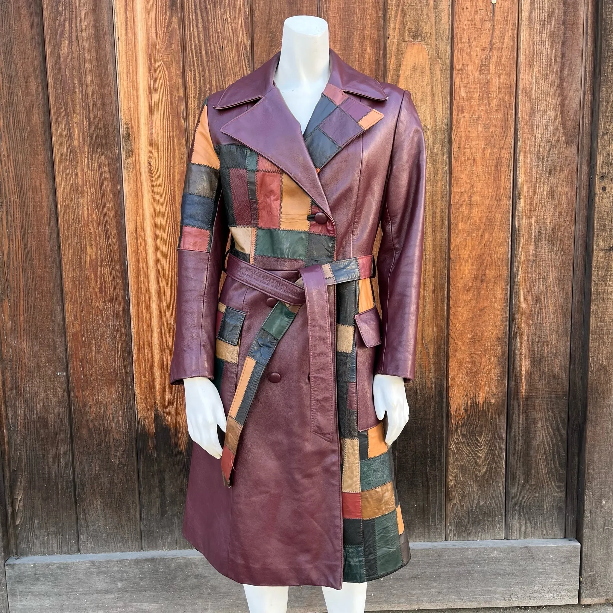 1970s Burgundy Ox Blood Patchwork Leather Trench