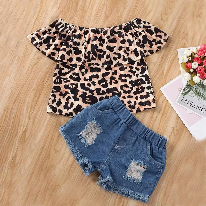 2-piece Leopard Pattern Dress & Short Jeans for Toddler Girl Wholesale children's clothing