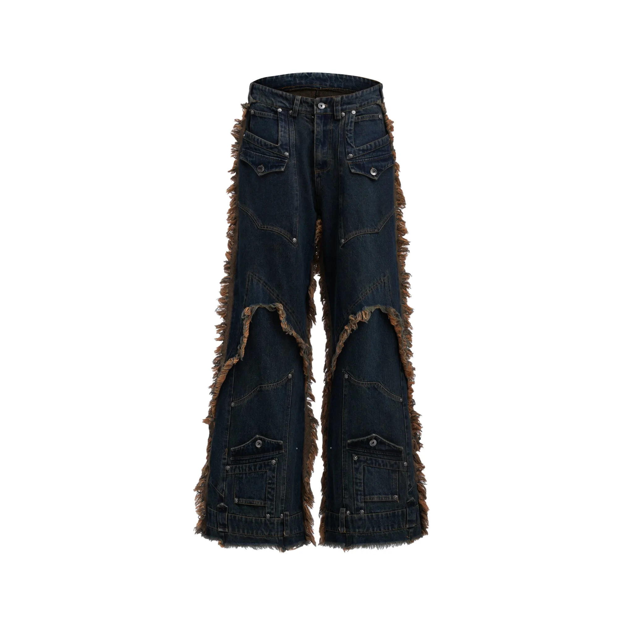 【24s July.】Distressed Rivet Raw Edge Fringed Jeans