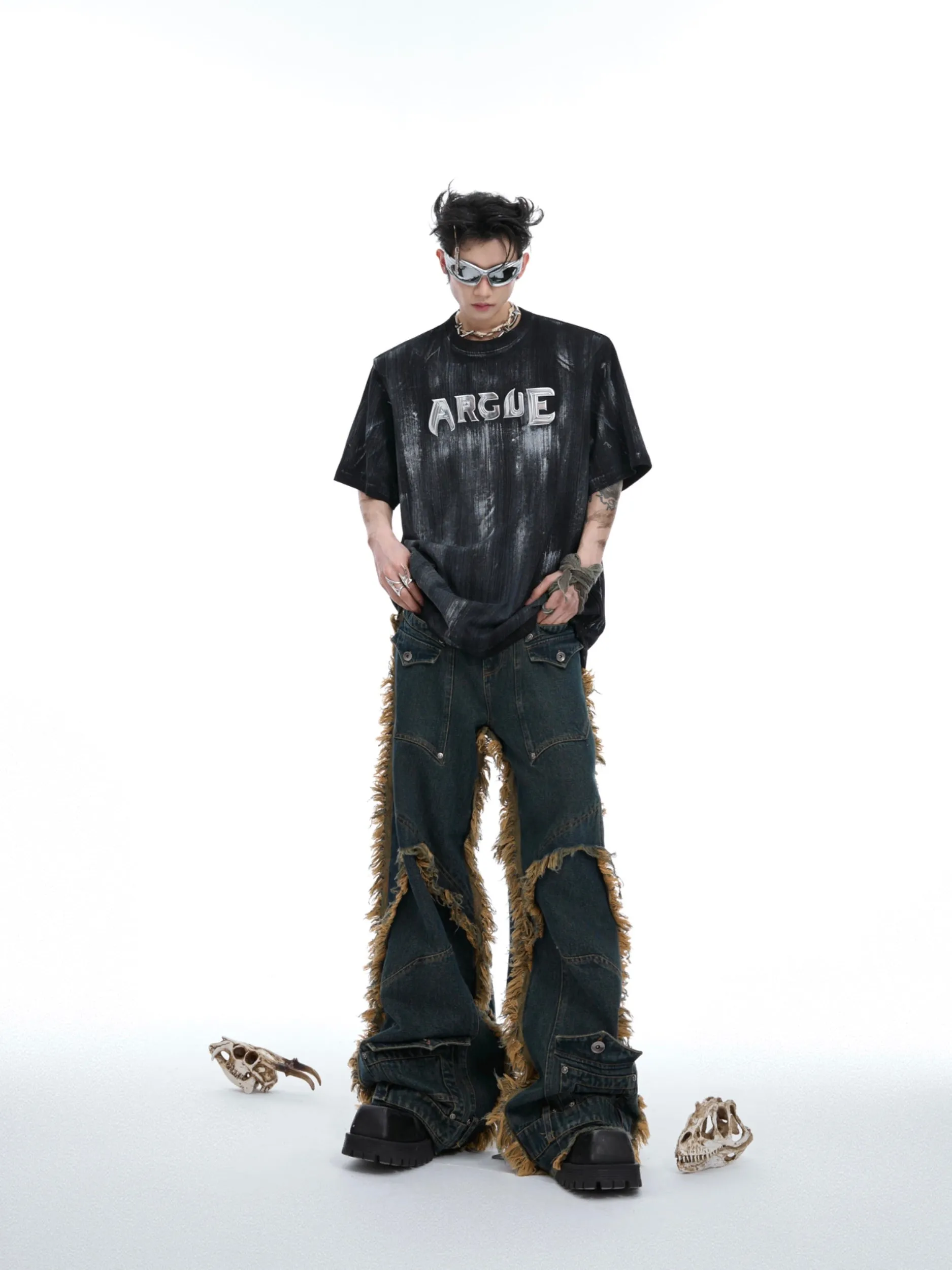 【24s July.】Distressed Rivet Raw Edge Fringed Jeans