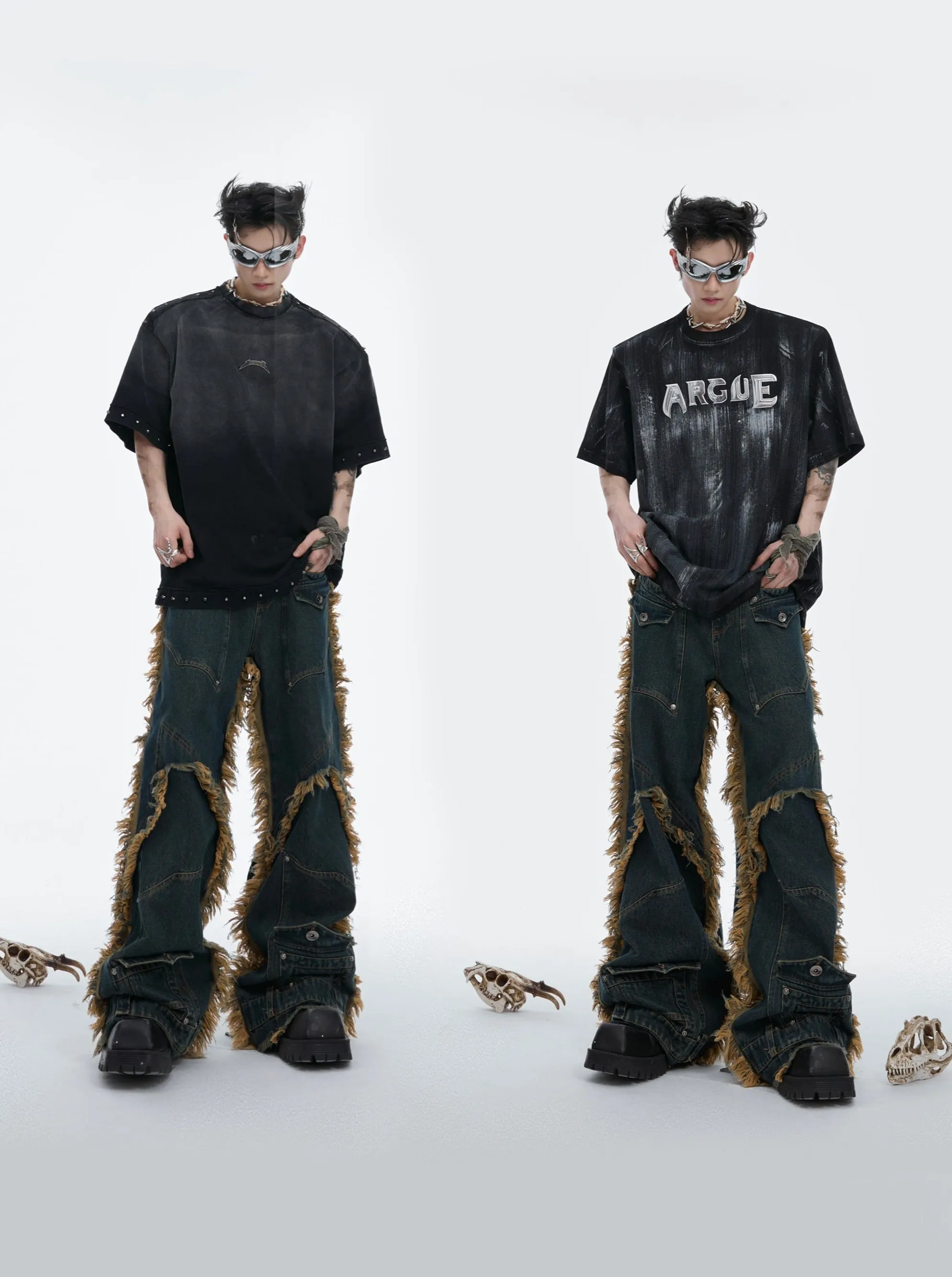 【24s July.】Distressed Rivet Raw Edge Fringed Jeans