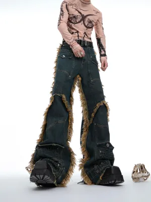 【24s July.】Distressed Rivet Raw Edge Fringed Jeans