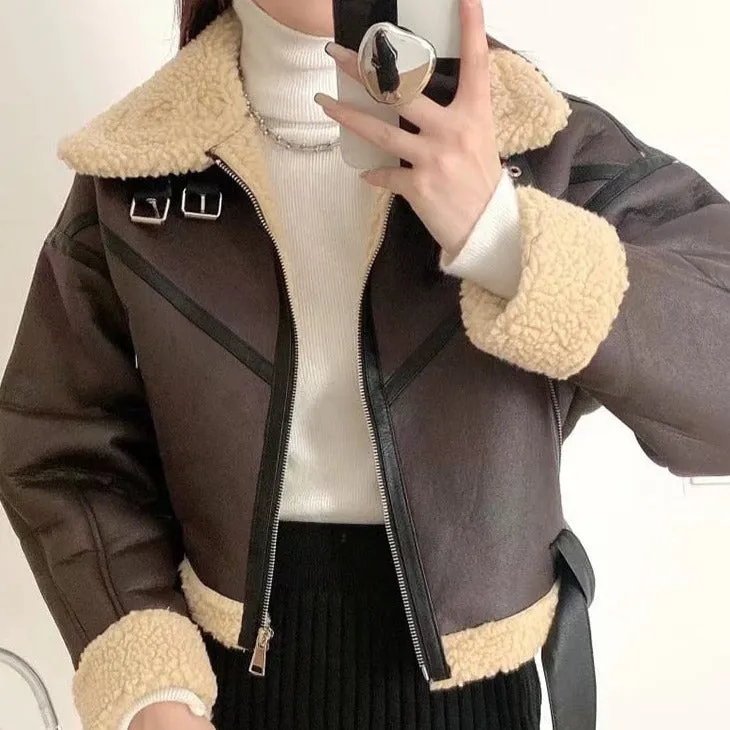 A&A Faux Shearling Collar Crop Jacket Belt Detail