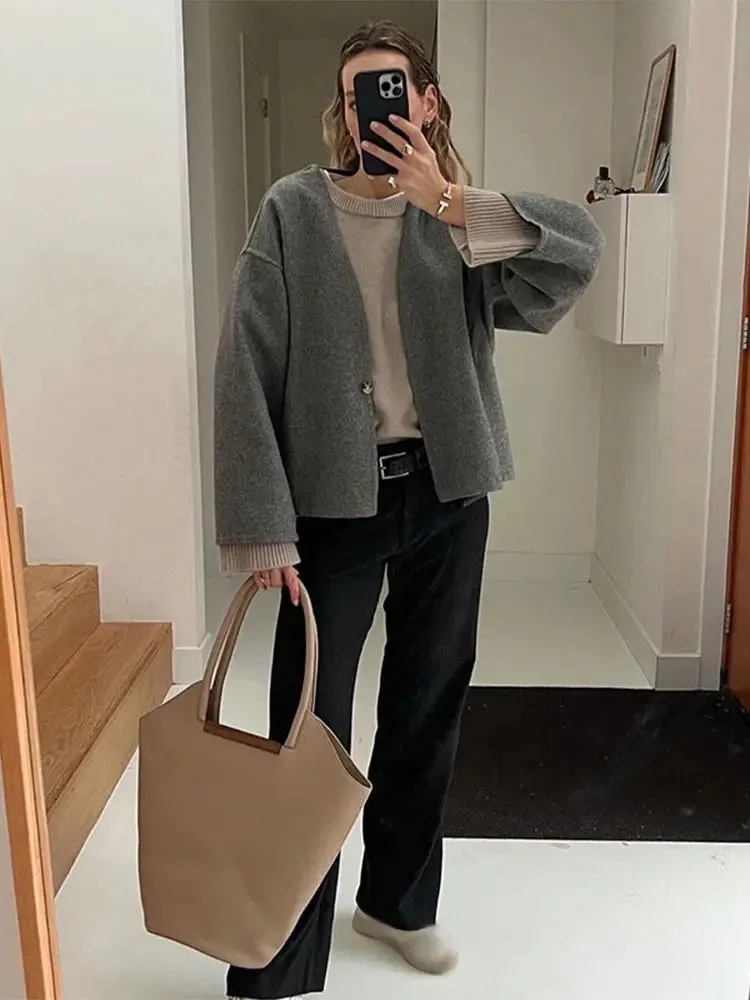 Advbridge Women Casual Grey Single Button Woolen Cardigan Coat Long Sleeve V Neck Loose Jacket Autumn Winter Female High Street Outerwear