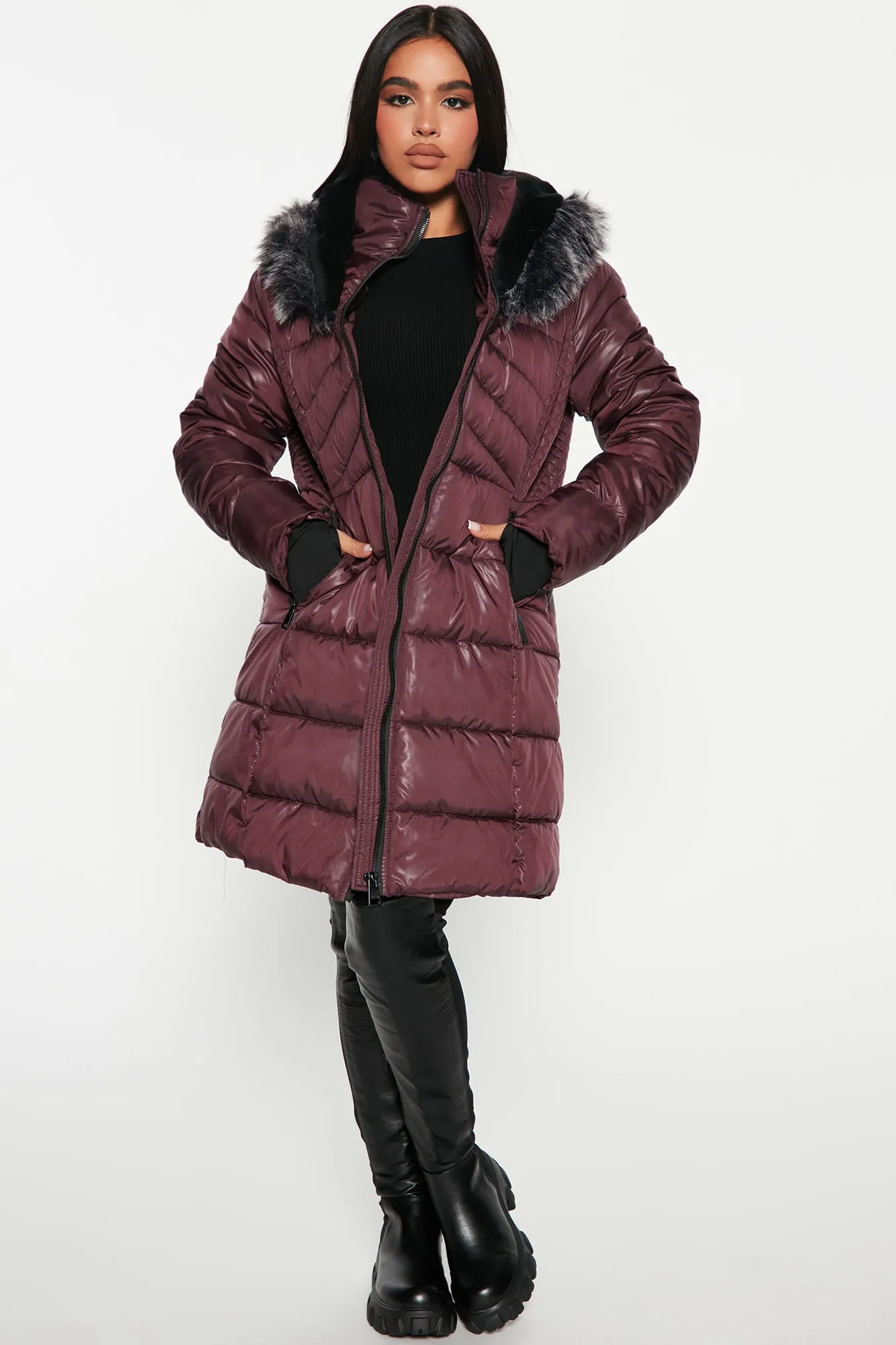 All Bundled Up Puffer Coat - Wine