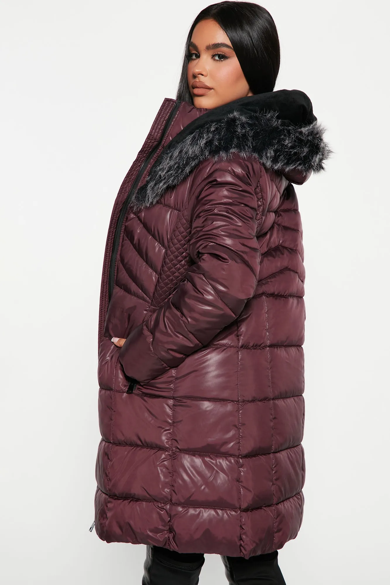 All Bundled Up Puffer Coat - Wine