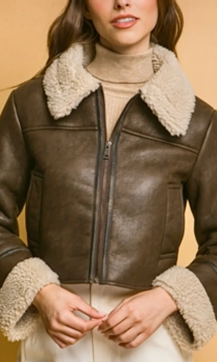 Armyn Brown Vegan Leather Shearling Contrast Side Pocket Jacket