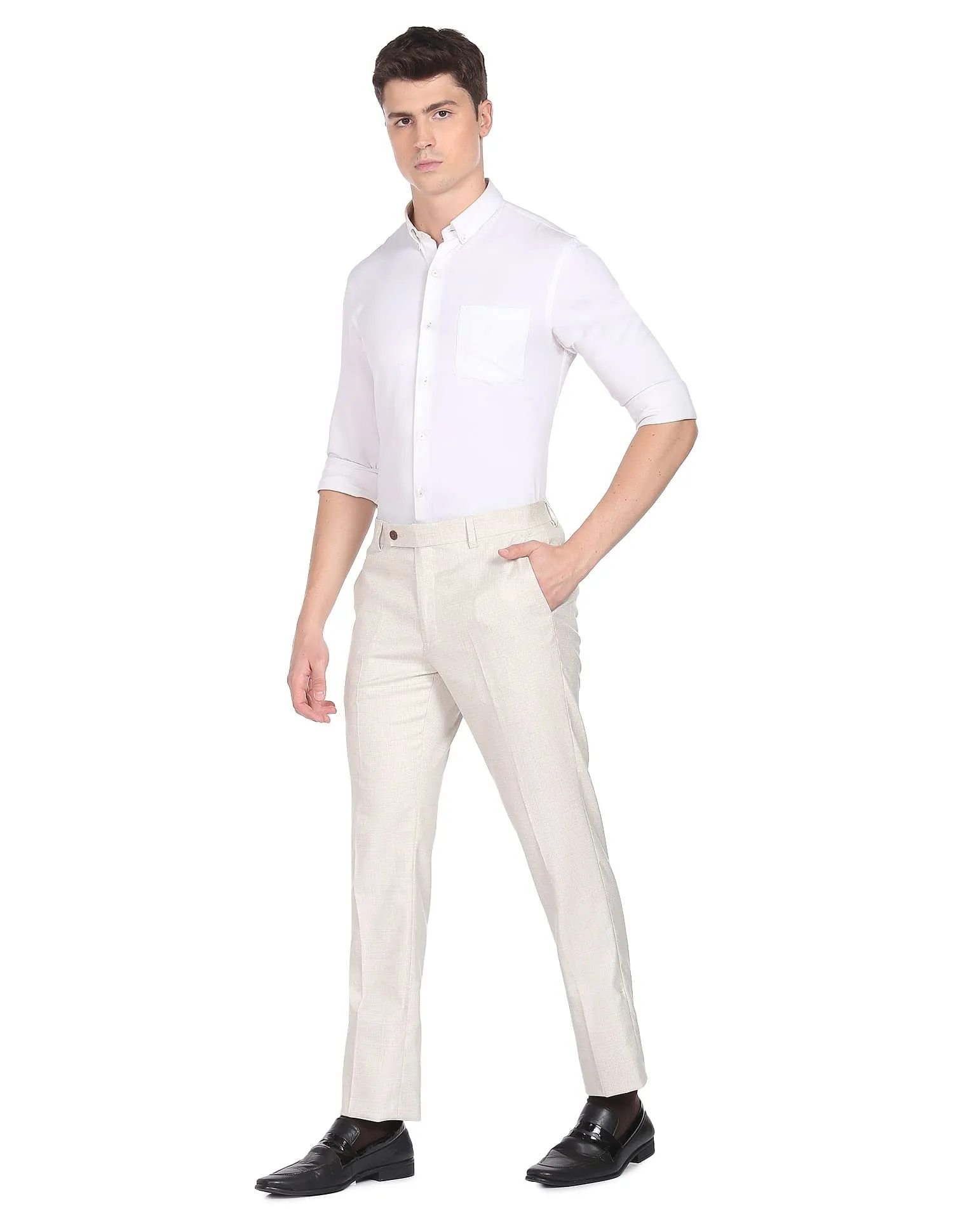 Arrow Self Design Tailored Fit Smart Flex Twill Formal Trouser Ecru