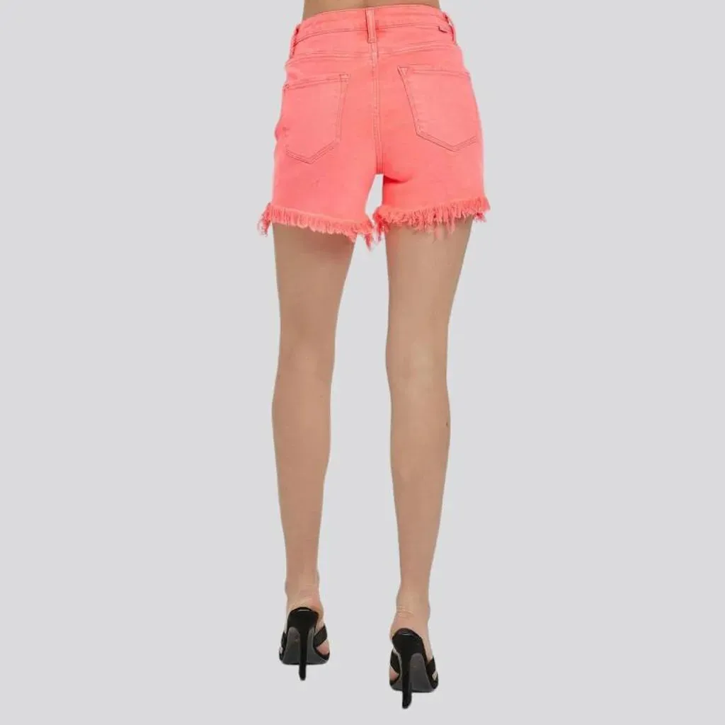 Asymmetric-waistline denim shorts for ladies