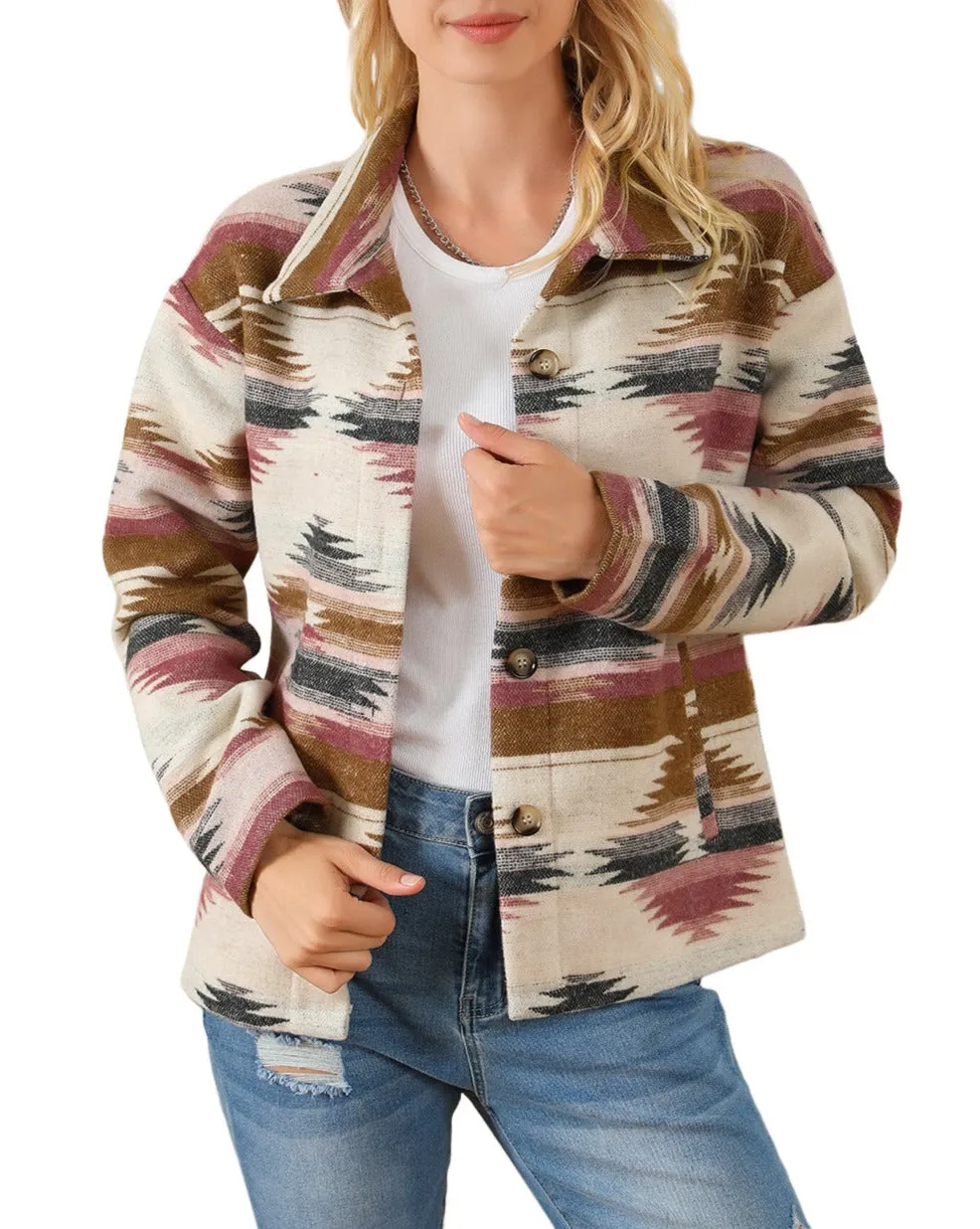 Aztec Button Front Collared Jacket