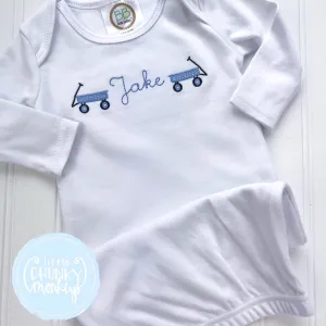 Baby Boy Gown - Bring Home Outfit - Personalized Newborn Gown with Mini Blue Wagons