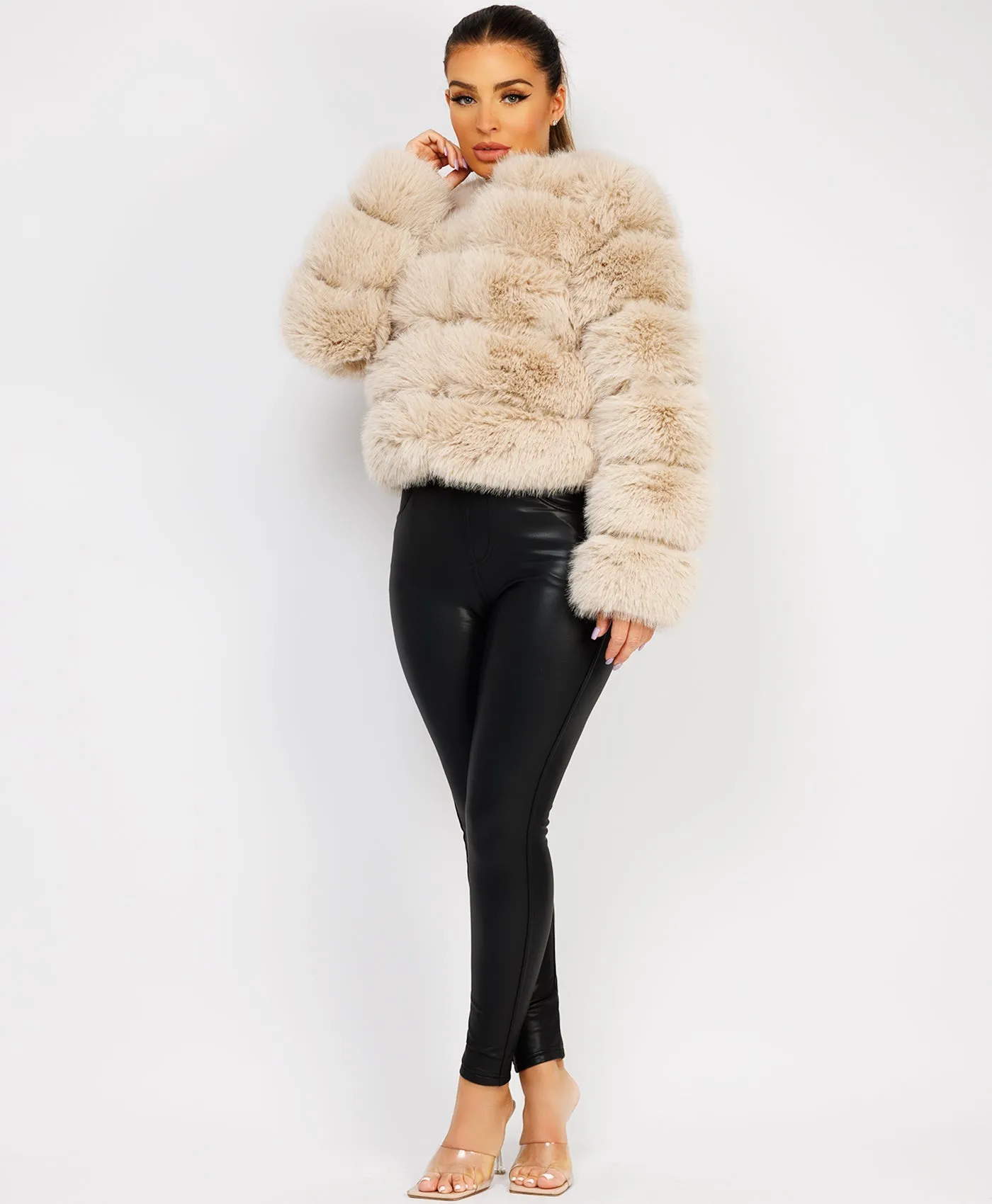 Beige Premium Faux Fur Tiered Coat Jacket