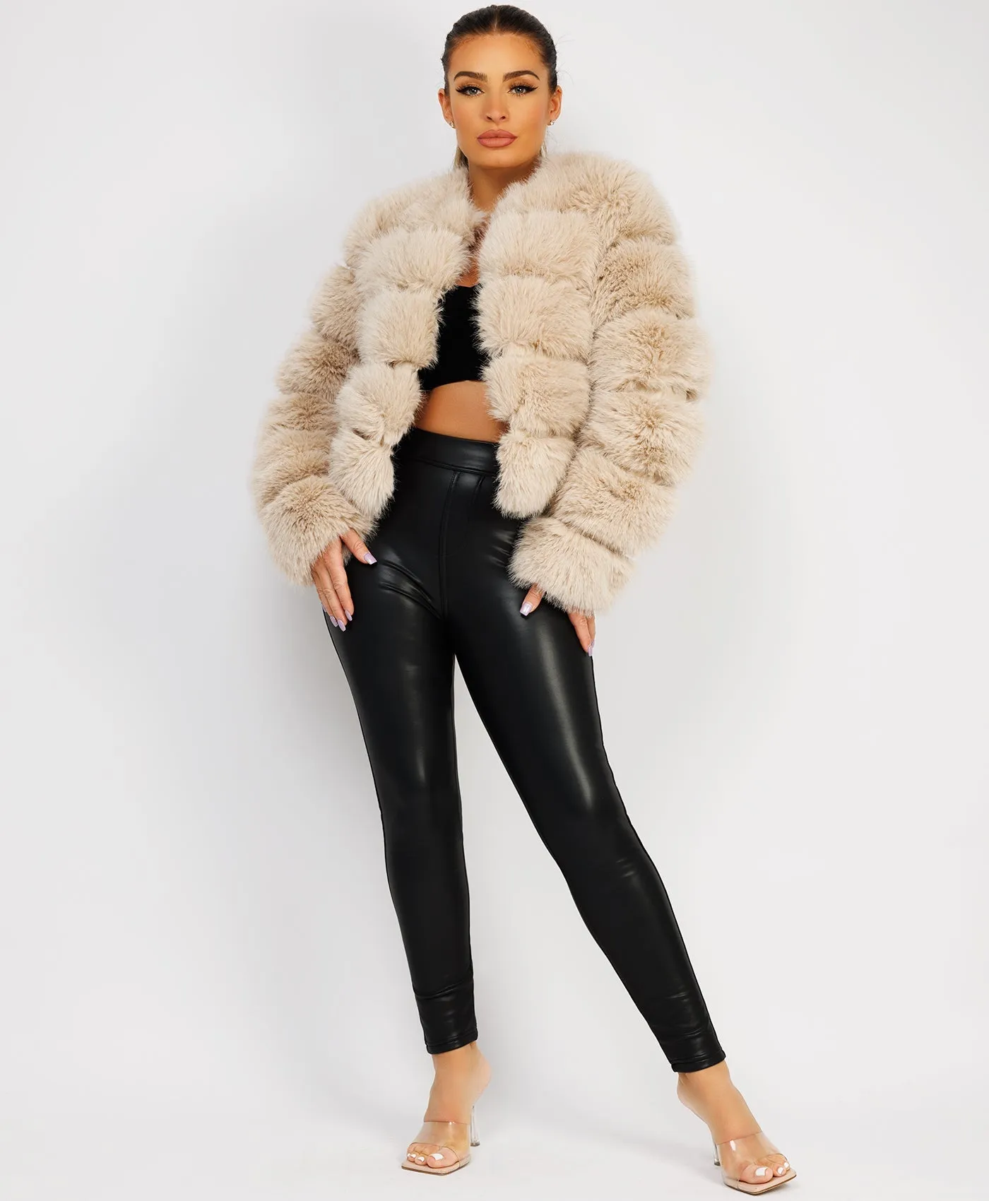 Beige Premium Faux Fur Tiered Coat Jacket