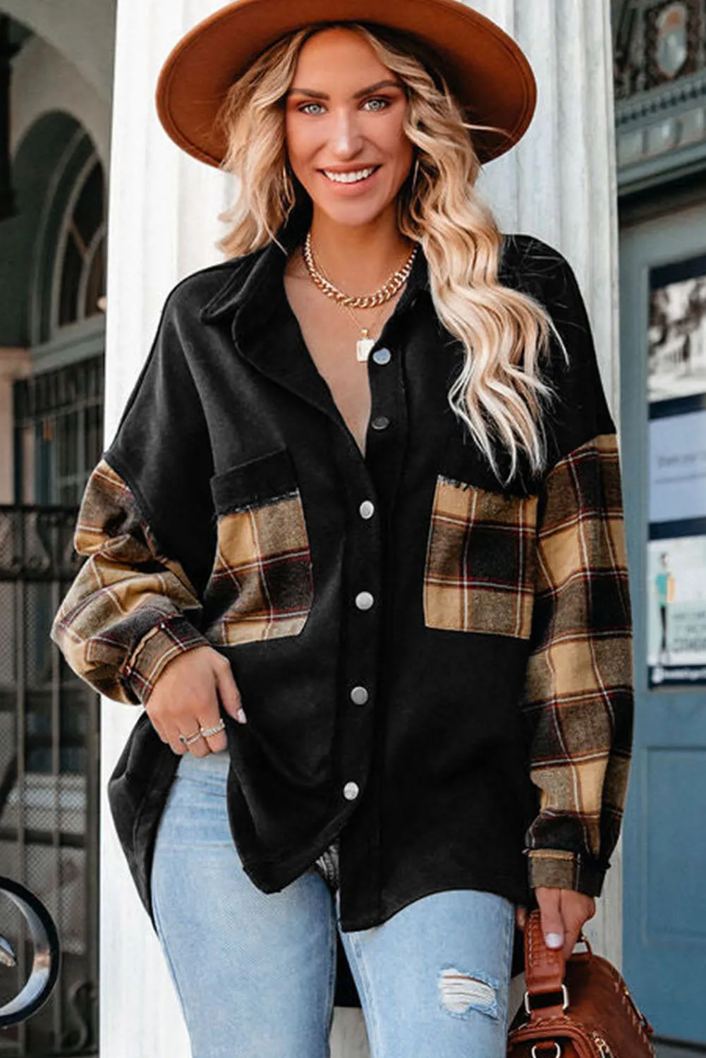 BerryBetty - Black Plaid Patchwork Chest Pockets Oversized Shirt Jacket