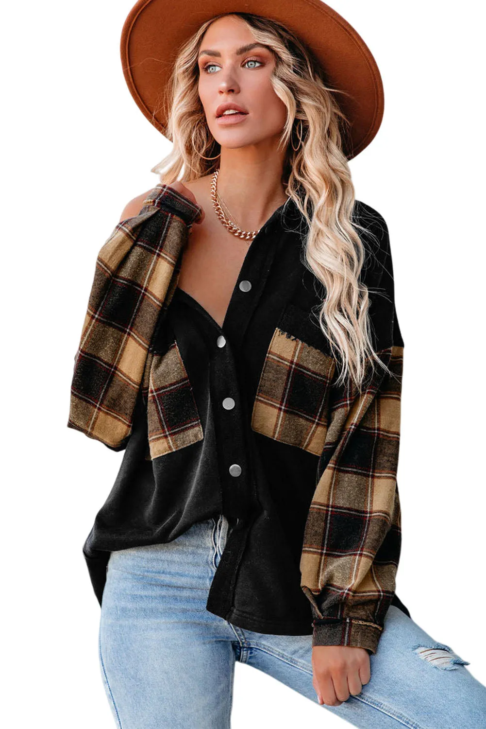 BerryBetty - Black Plaid Patchwork Chest Pockets Oversized Shirt Jacket