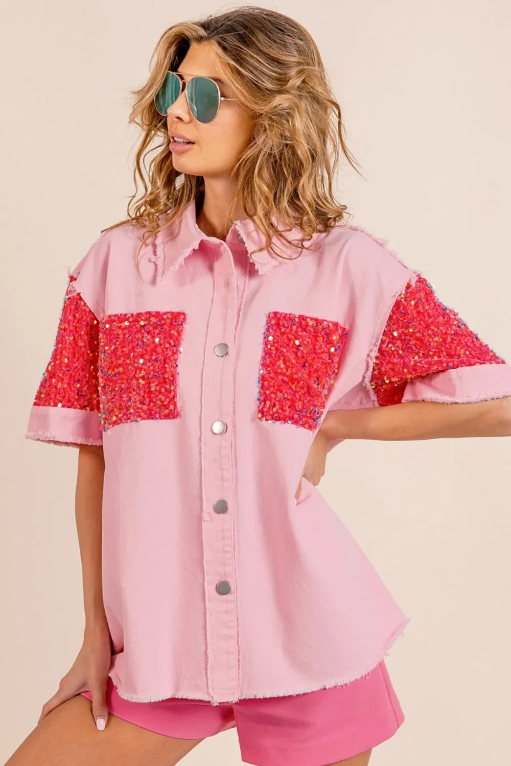 BiBi Sequin Detail Raw Hem Short Sleeve Shirt