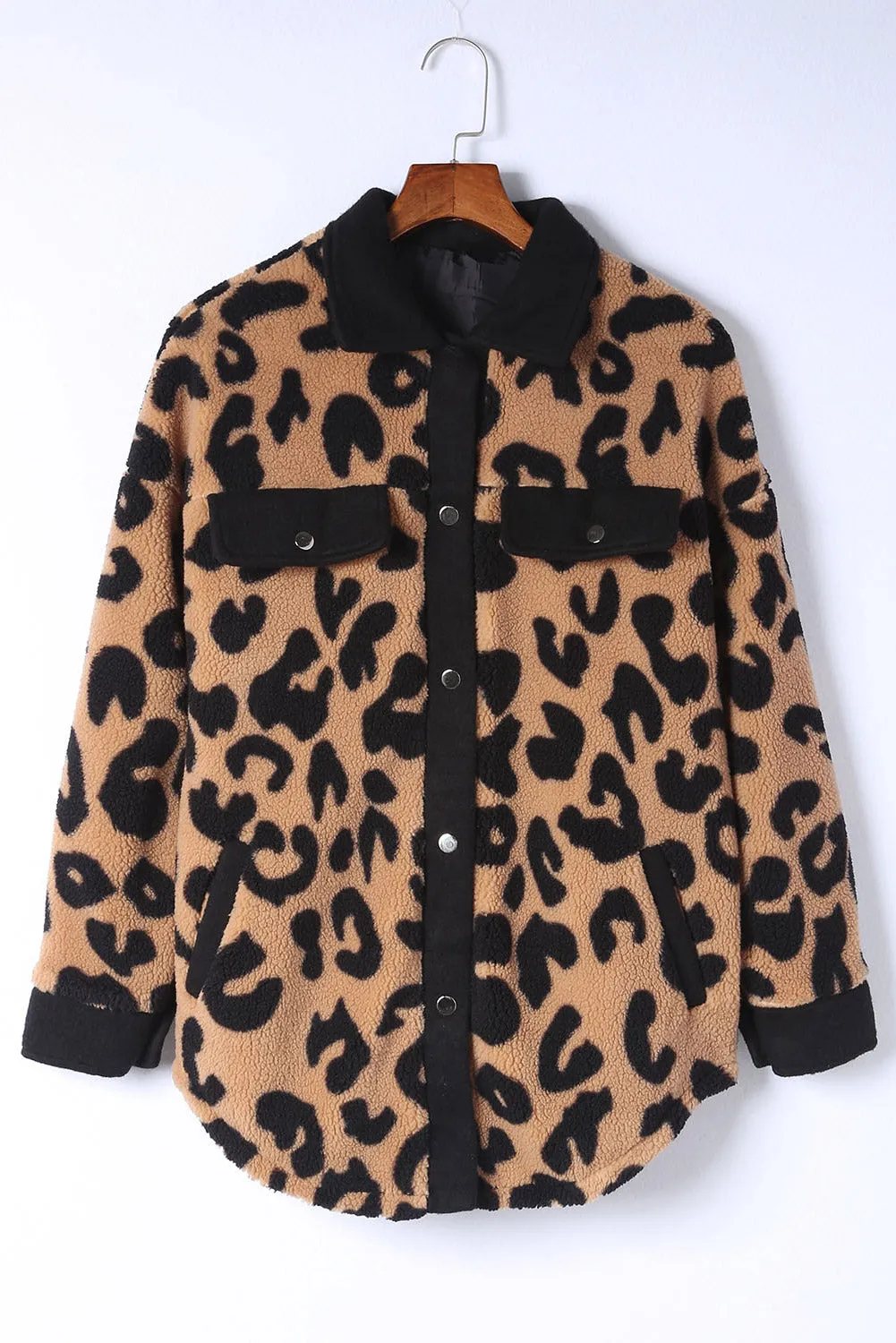 Black Contrast Trimmed Leopard Teddy Shacket