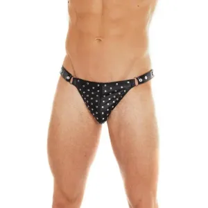 Black Leather Studded Male Brief with Press Studs