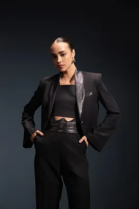 Black Shimmer Curve Cropped Blazer With Trousers