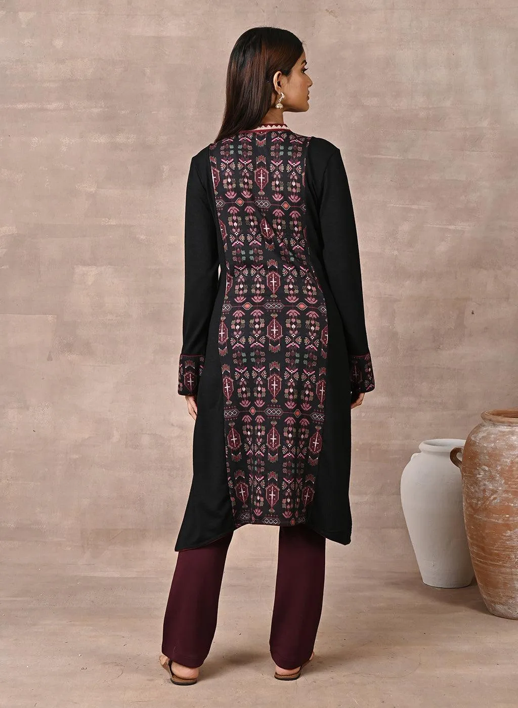 Black Solid Kurta with Tribal Embroidery and Curved Hem