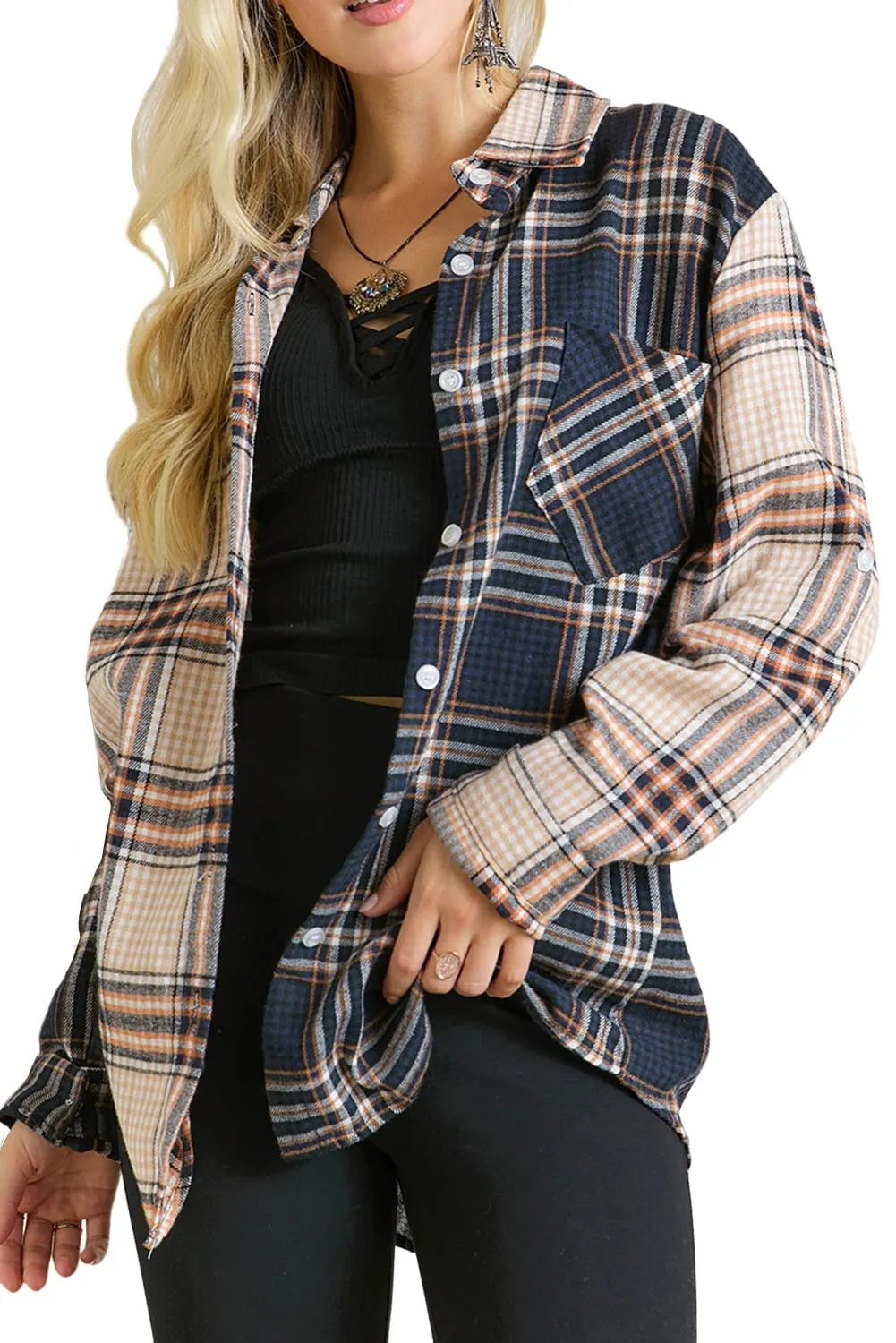 Blue Colorblock Patchwork Plaid Print Shirt