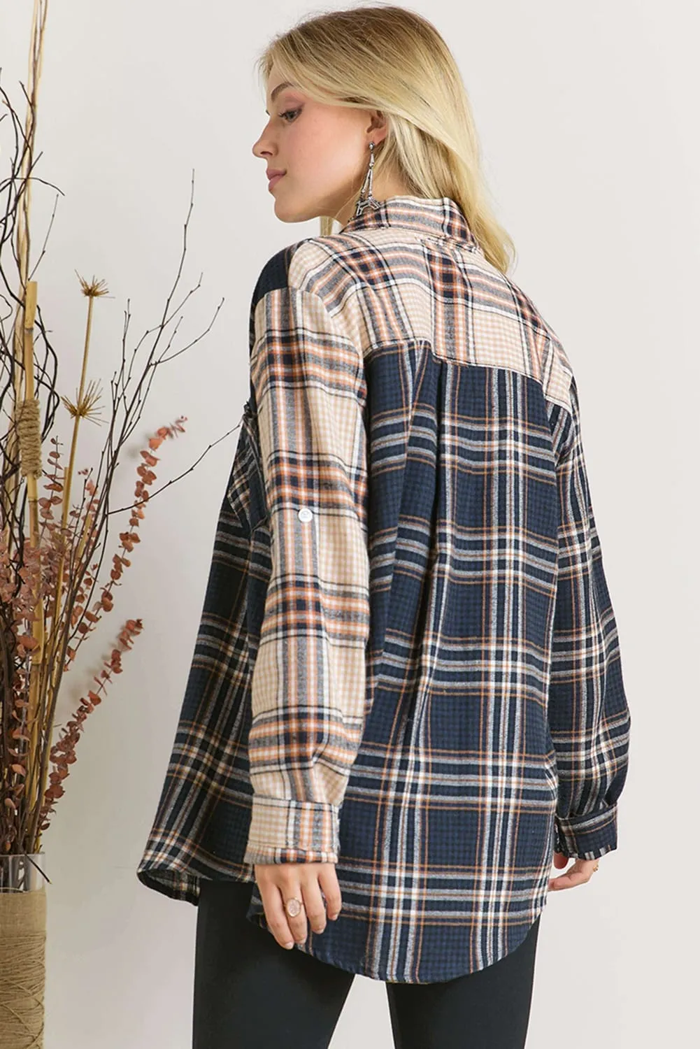 Blue Colorblock Patchwork Plaid Print Shirt