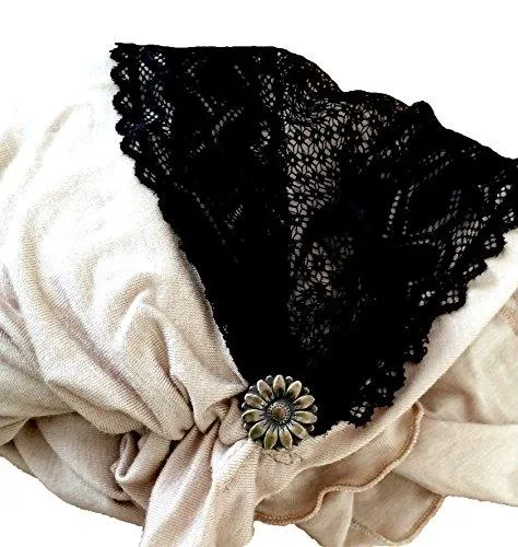 Boho Chic Artisan Head-scarf Tichel Embellished with Wide Floral Lace (Beige black lace - 326)