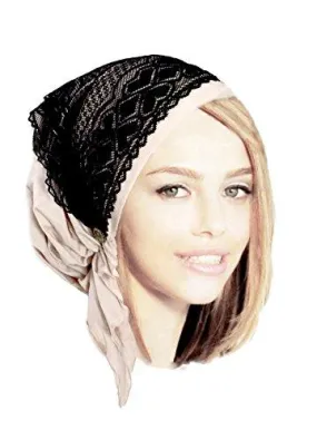 Boho Chic Artisan Head-scarf Tichel Embellished with Wide Floral Lace (Beige black lace - 326)