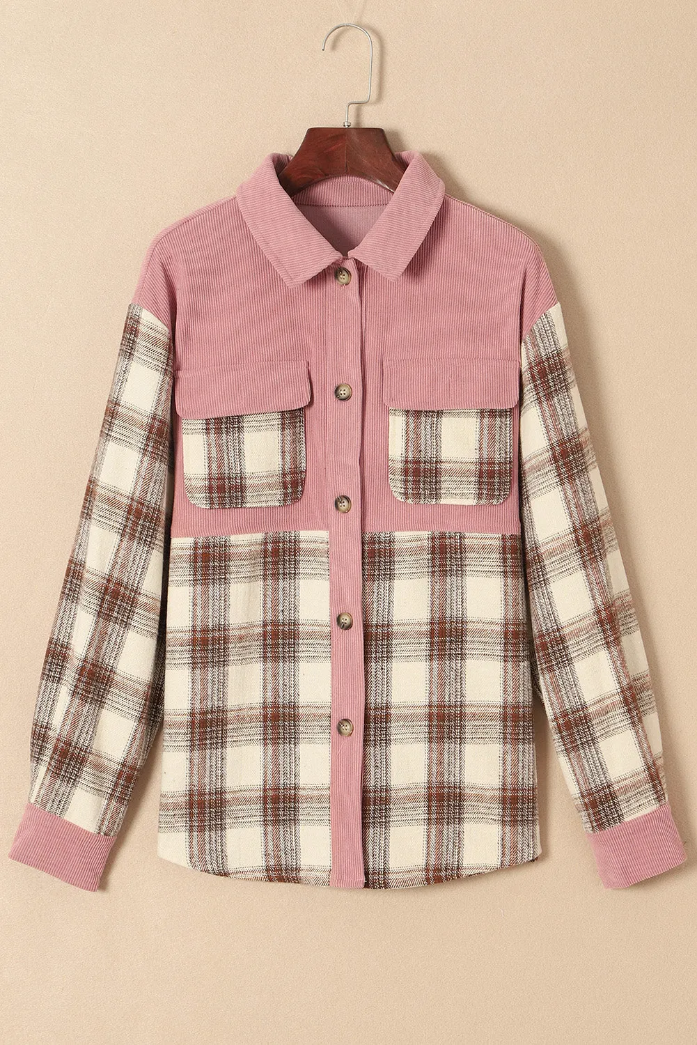 Brown Casual Plaid Colorblock Button Down Shacket