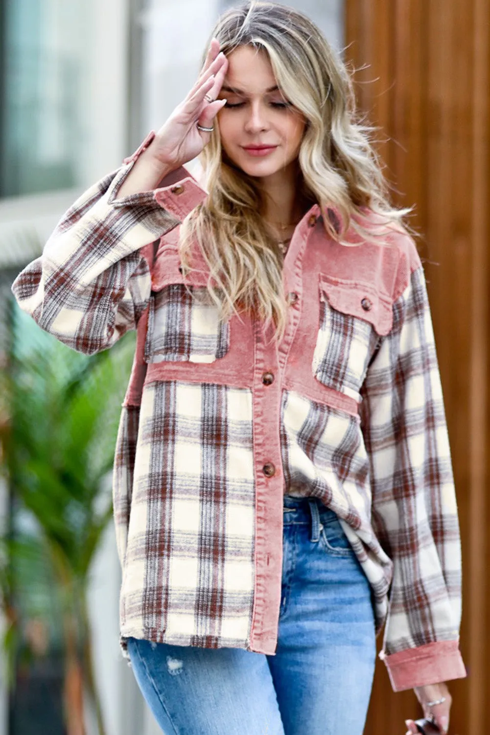 Brown Casual Plaid Colorblock Button Down Shacket