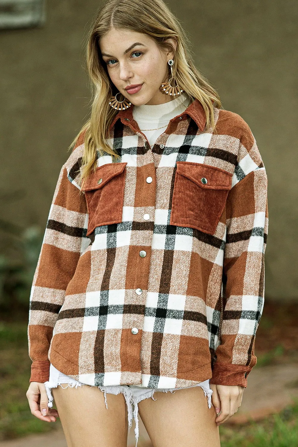 Brown Plaid Pocket Casual Buttons Up Shirt Shacket