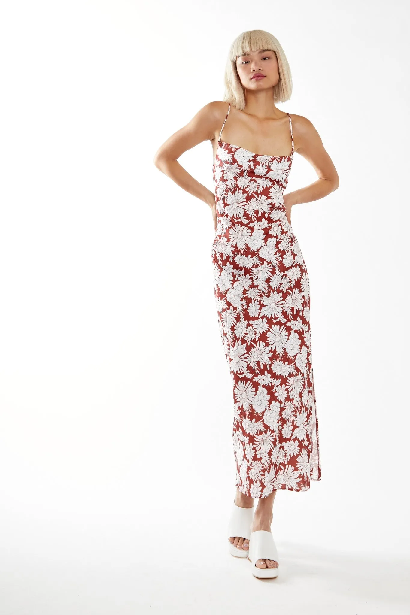 Brown Resort-Floral Cowl-Neck Strappy Midi-dress