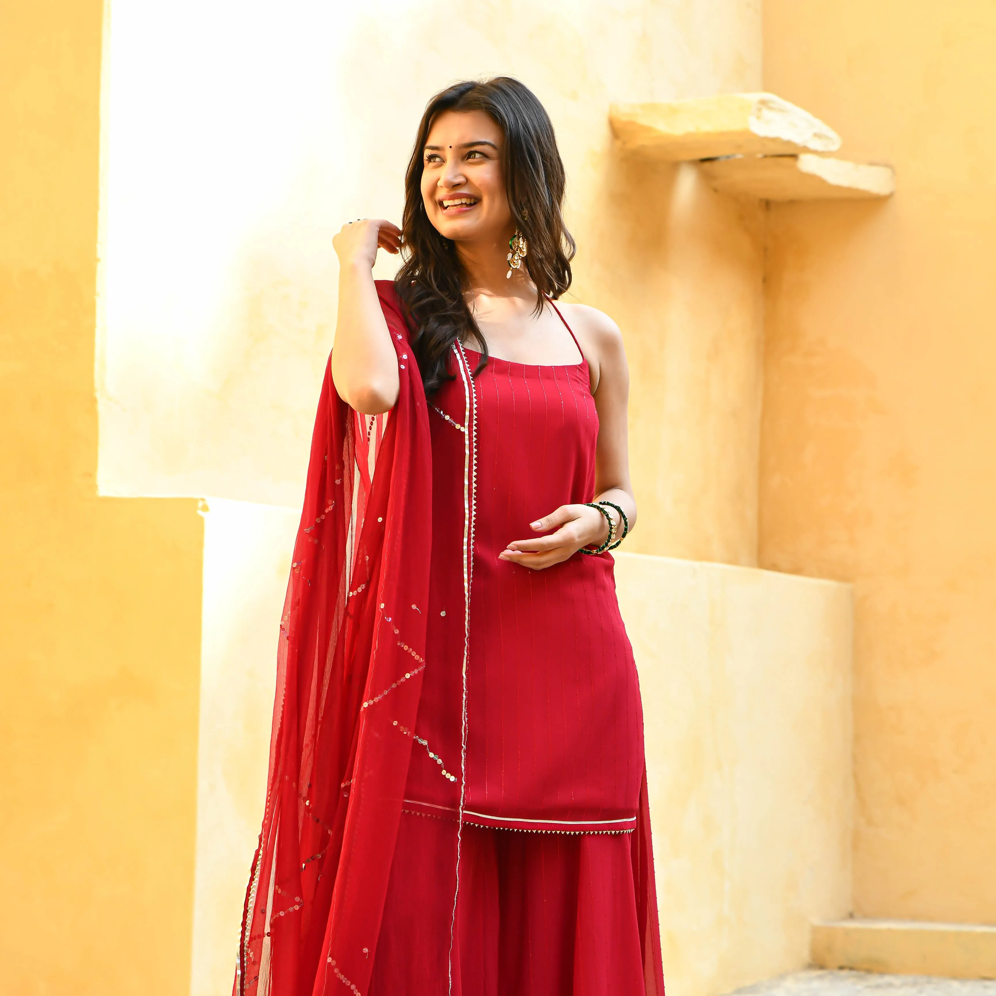 Bunaai Apple Red Sequin Salwar Suit