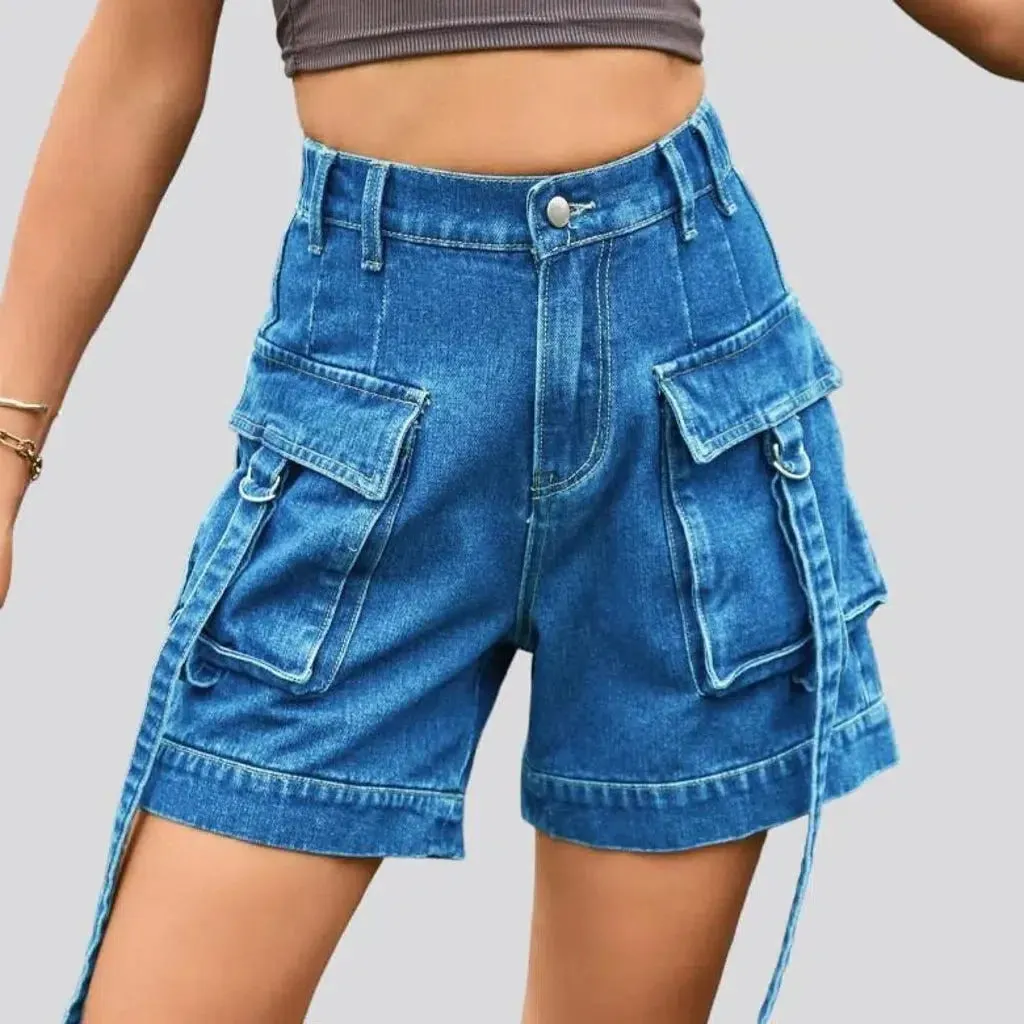 Cargo pocket-straps jeans shorts