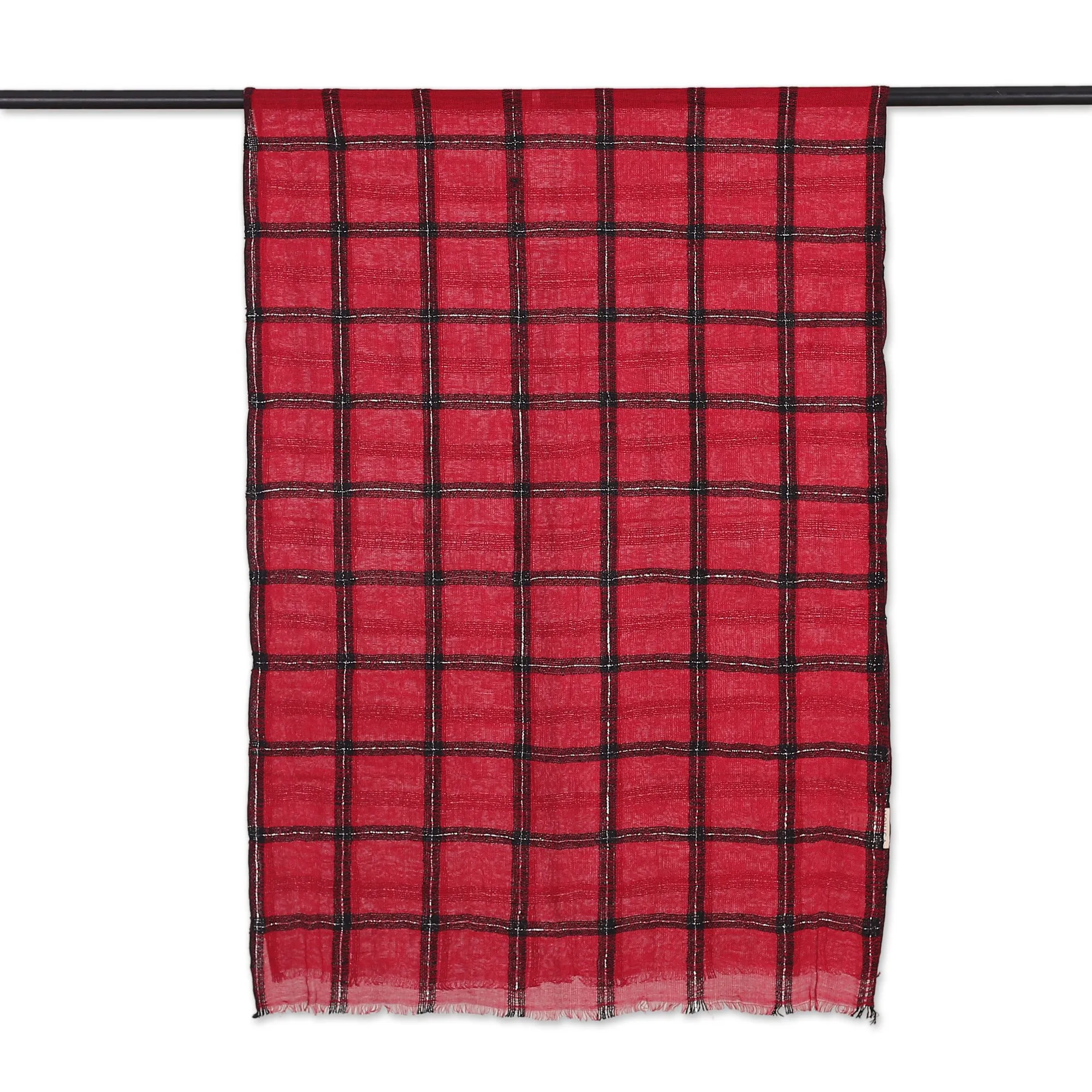 Checked Viscose Blend Wrap Scarf in Crimson from India - Crimson Checks | NOVICA