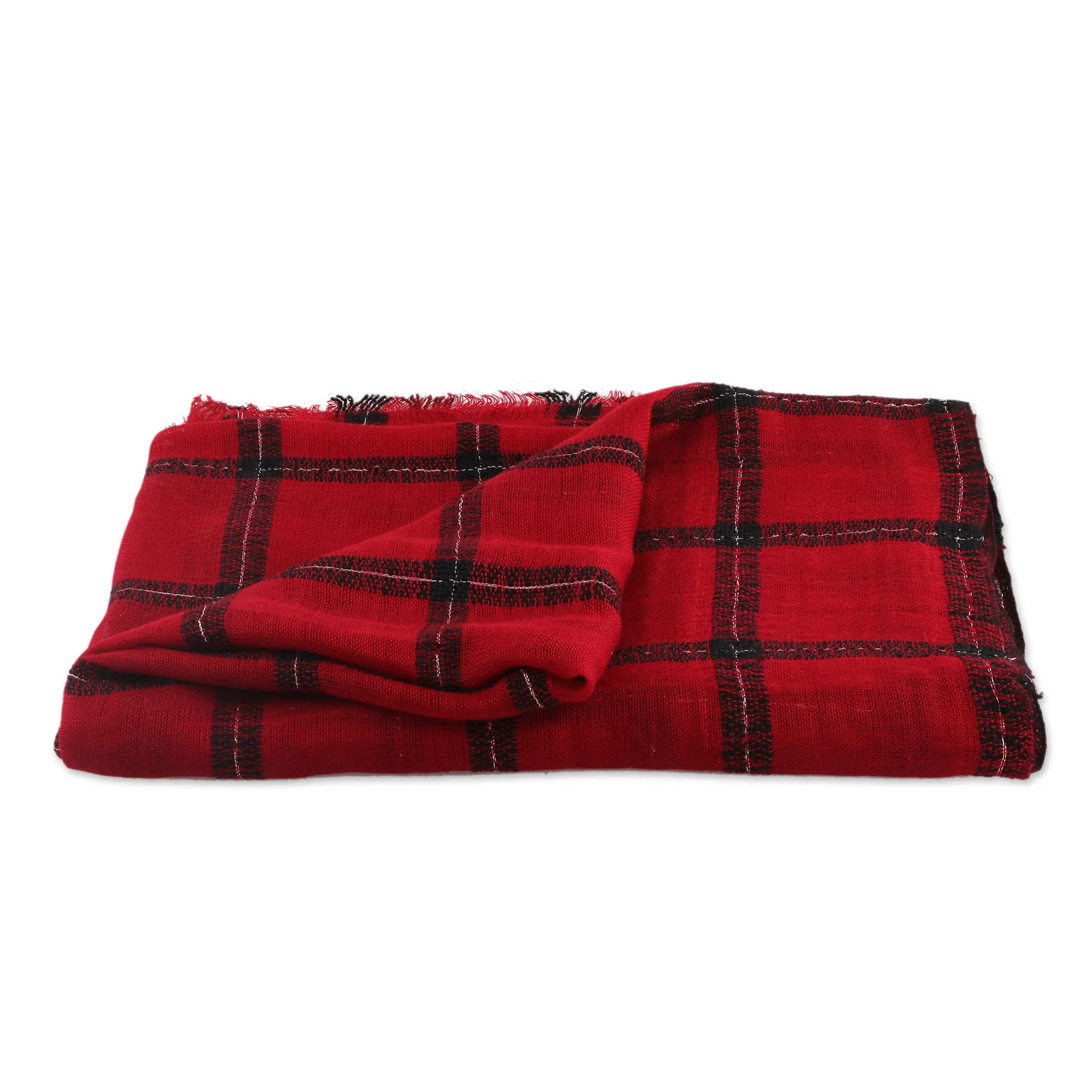 Checked Viscose Blend Wrap Scarf in Crimson from India - Crimson Checks | NOVICA