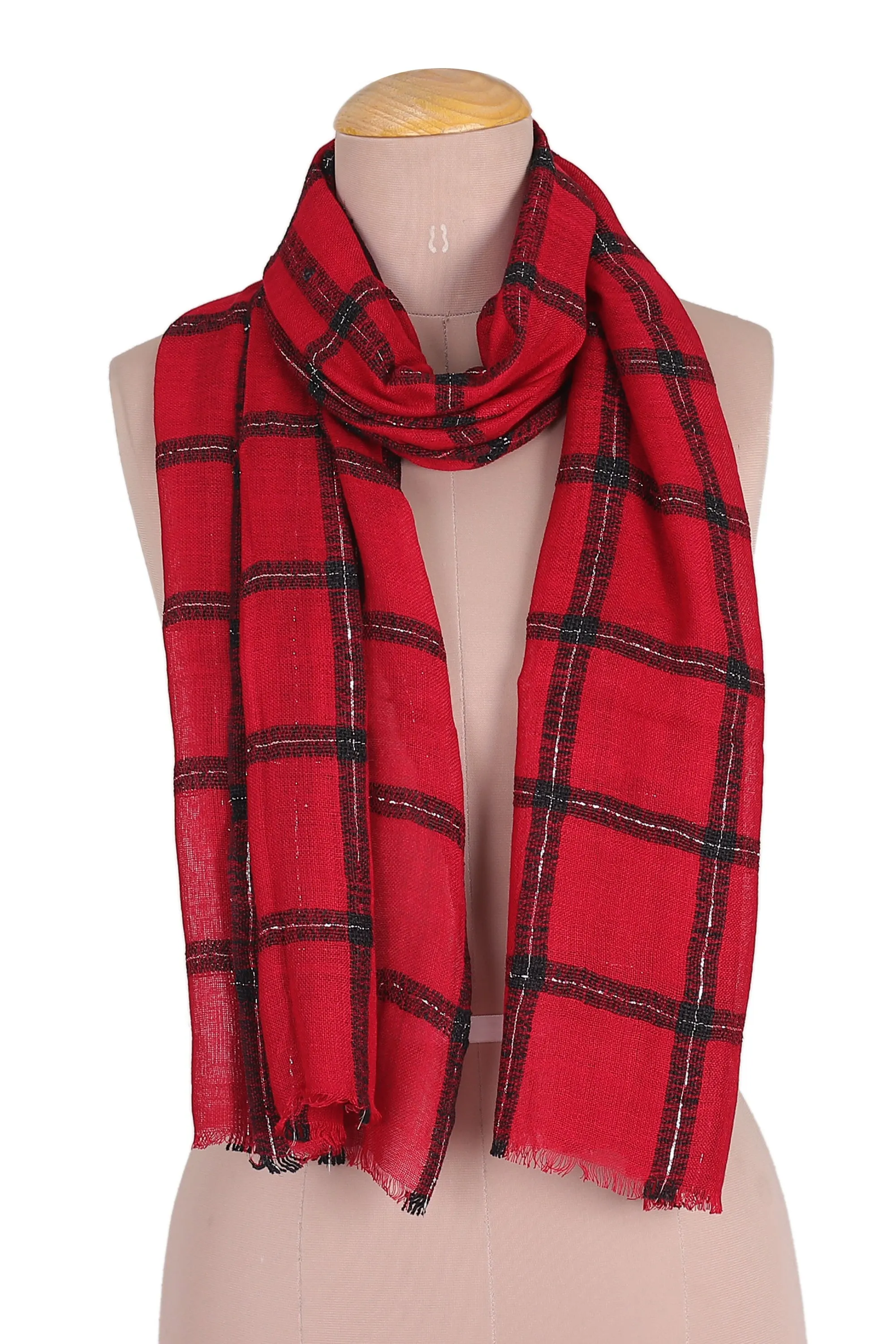 Checked Viscose Blend Wrap Scarf in Crimson from India - Crimson Checks | NOVICA