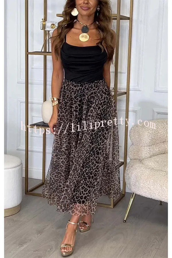 Chic Everyday Satin Paneled Leopard Print Mesh Cowl Neck Slip Midi Dress