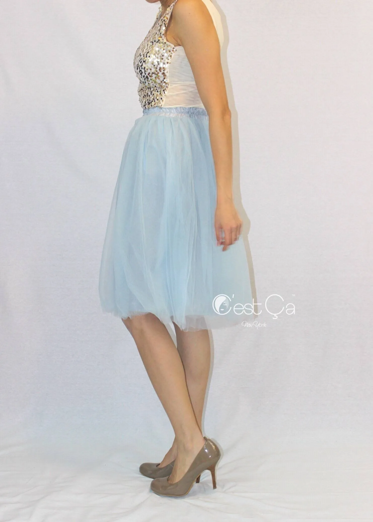 Claire Baby Blue Soft Tulle Skirt - Below Knee Midi