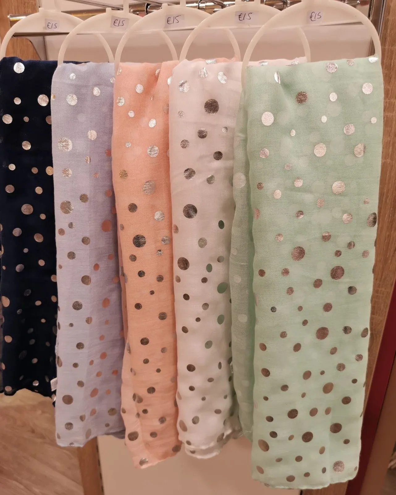 Cotton feel pastel summer scarf with polka dot foil print