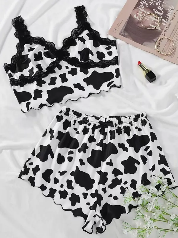 Cow Print Lace Trim Camisole Pajama Set - Sleepwear