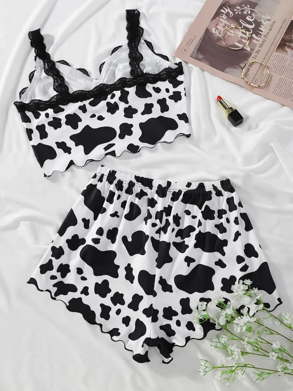 Cow Print Lace Trim Camisole Pajama Set - Sleepwear