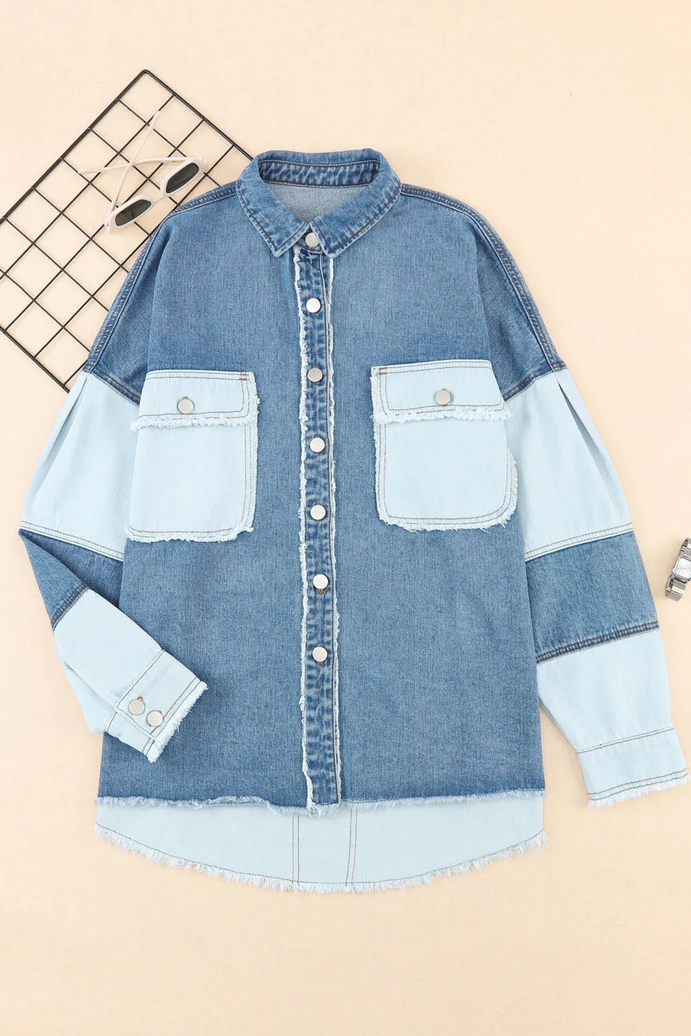 Dark Blue Patchwork Raw Hem Oversized Denim Shacket