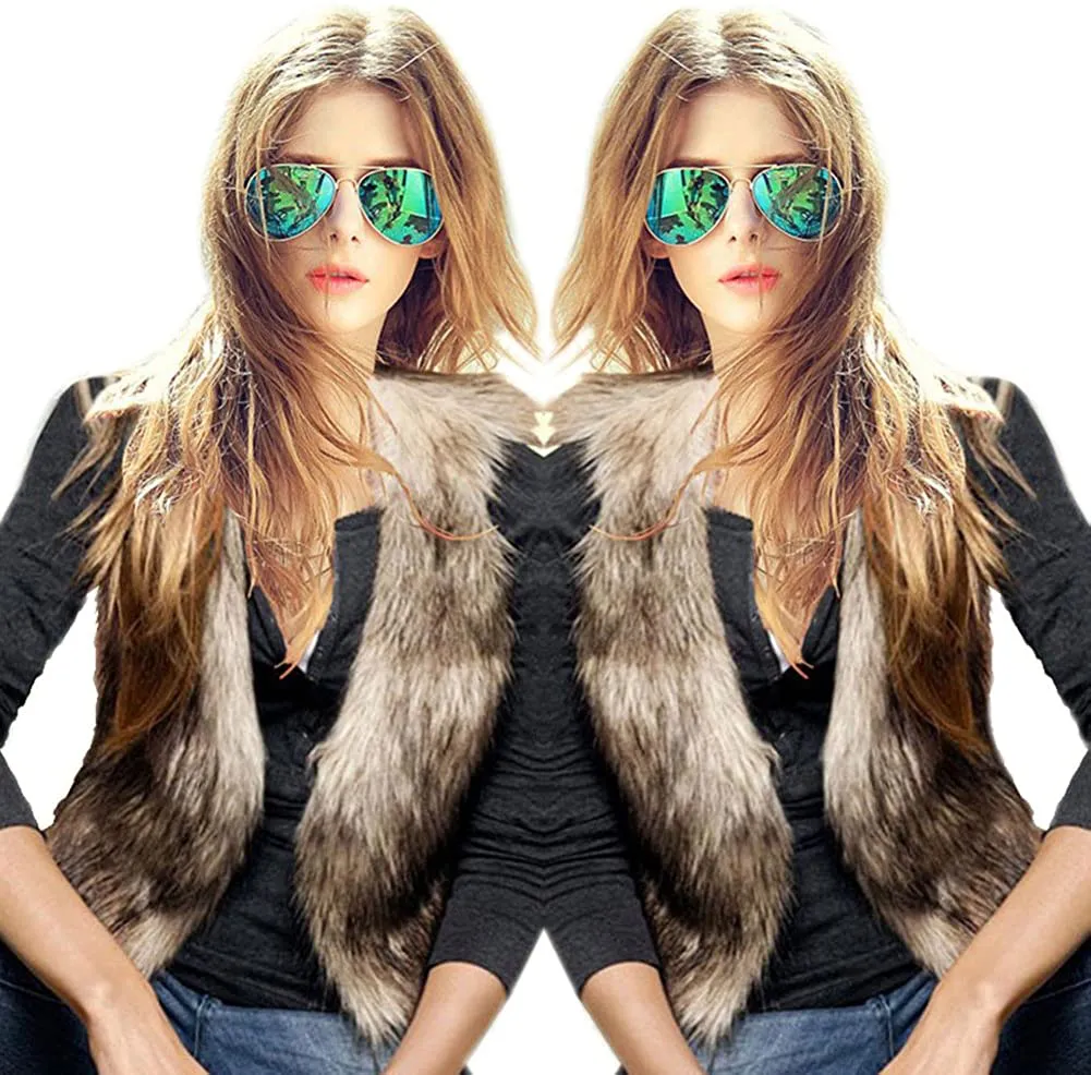 Dikoaina Fashion Women Faux Fur Waistcoat Short Vest Jacket Coat Sleeveless Outwear