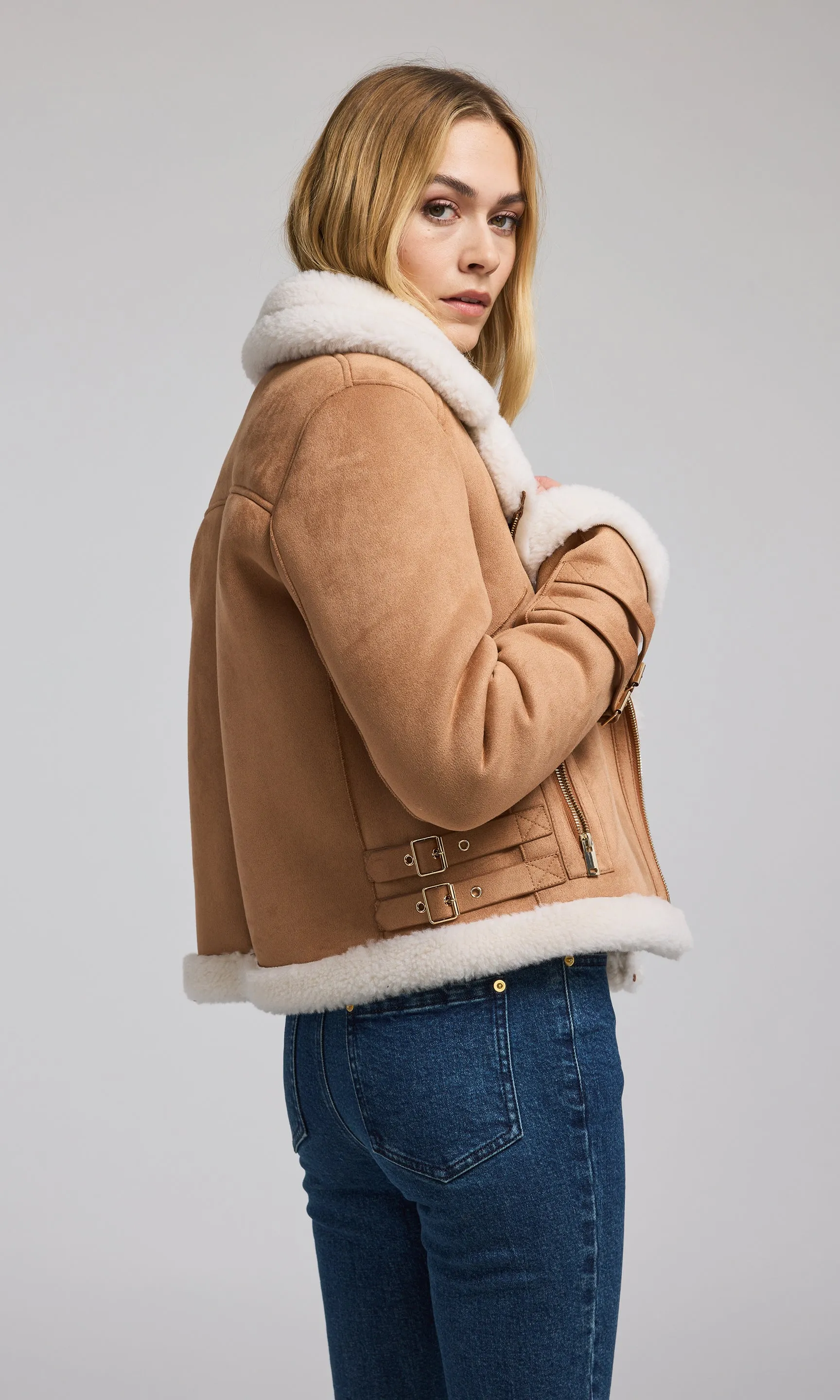 Dion Vegan Suede Shearling Moto Jacket