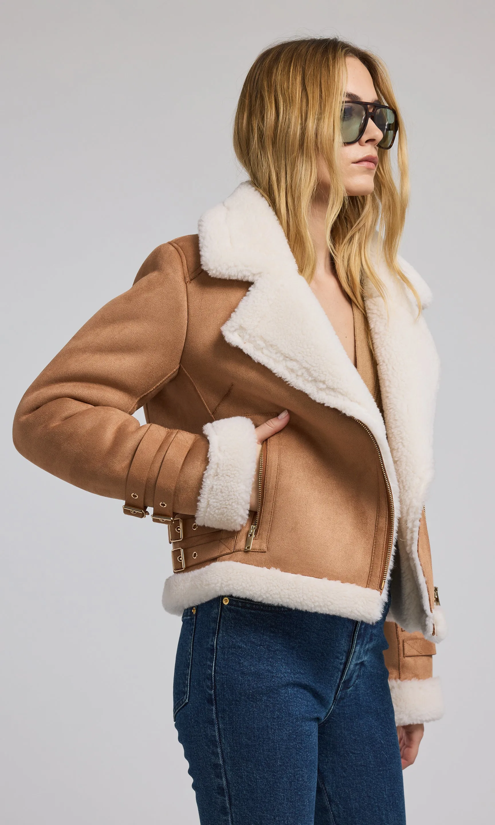 Dion Vegan Suede Shearling Moto Jacket