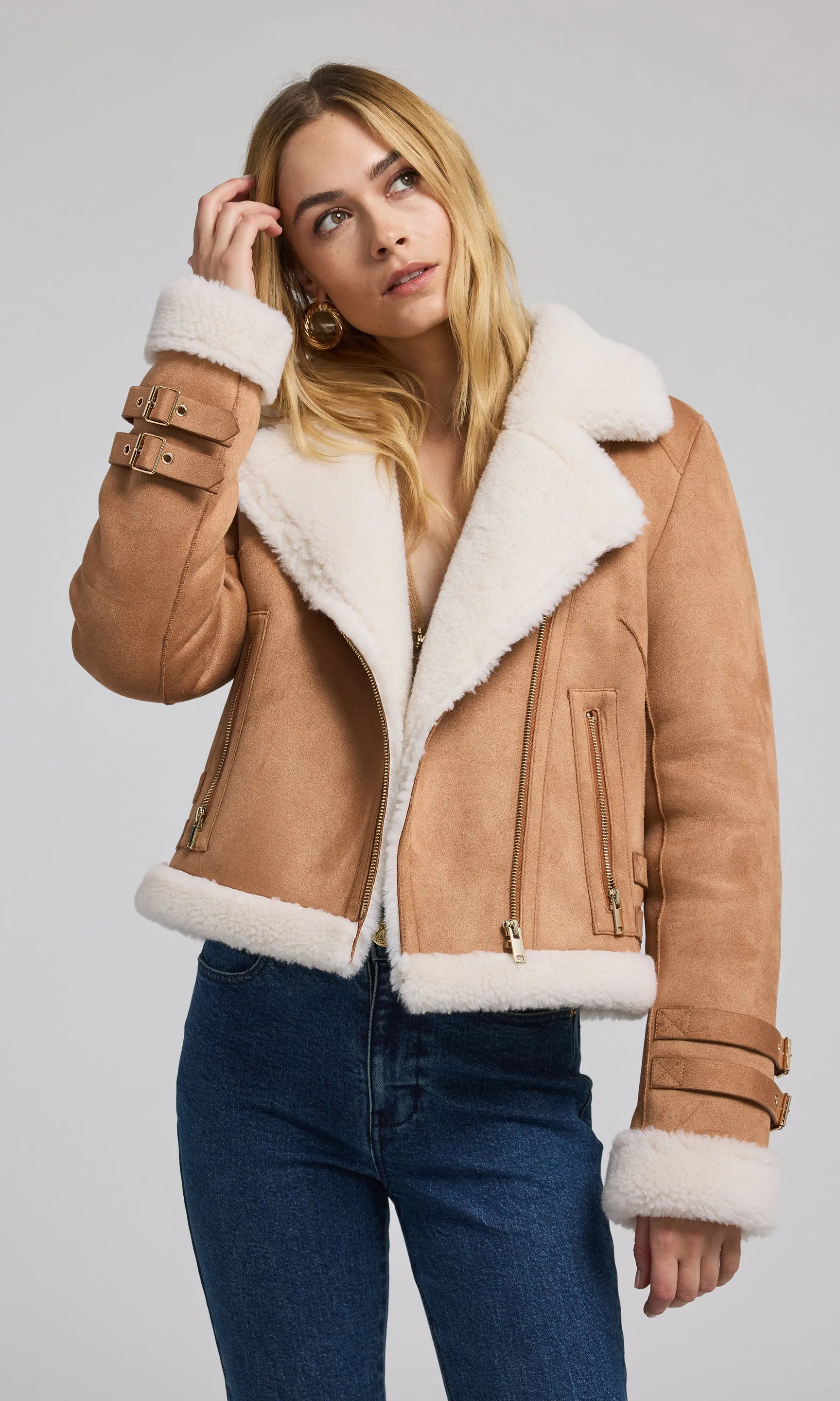 Dion Vegan Suede Shearling Moto Jacket