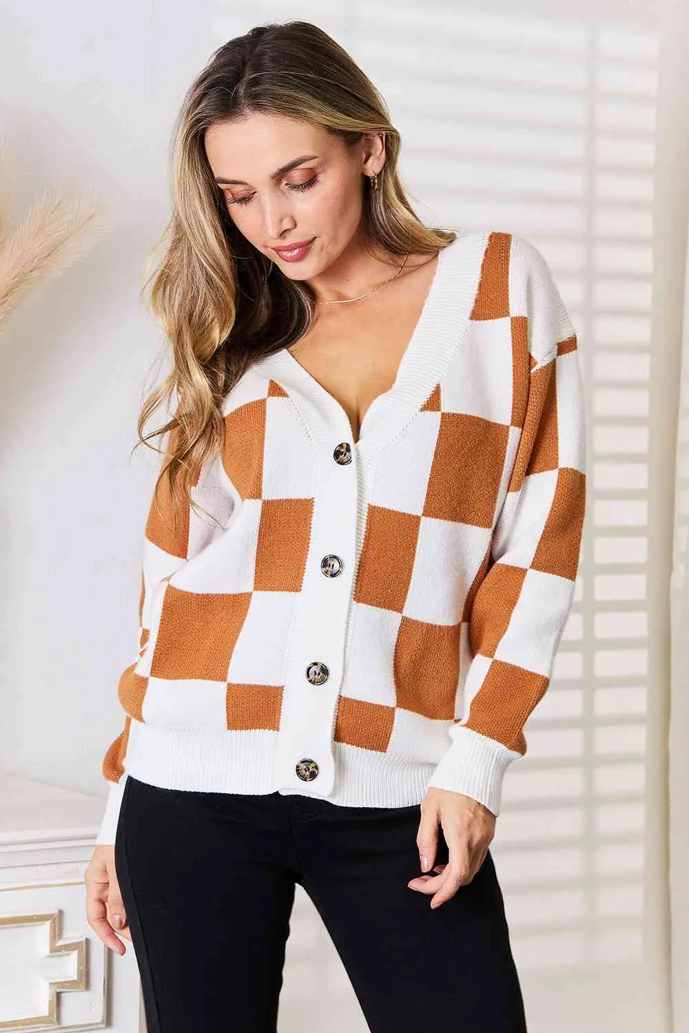 Double Take Button-Up V-Neck Dropped Shoulder Cardigan