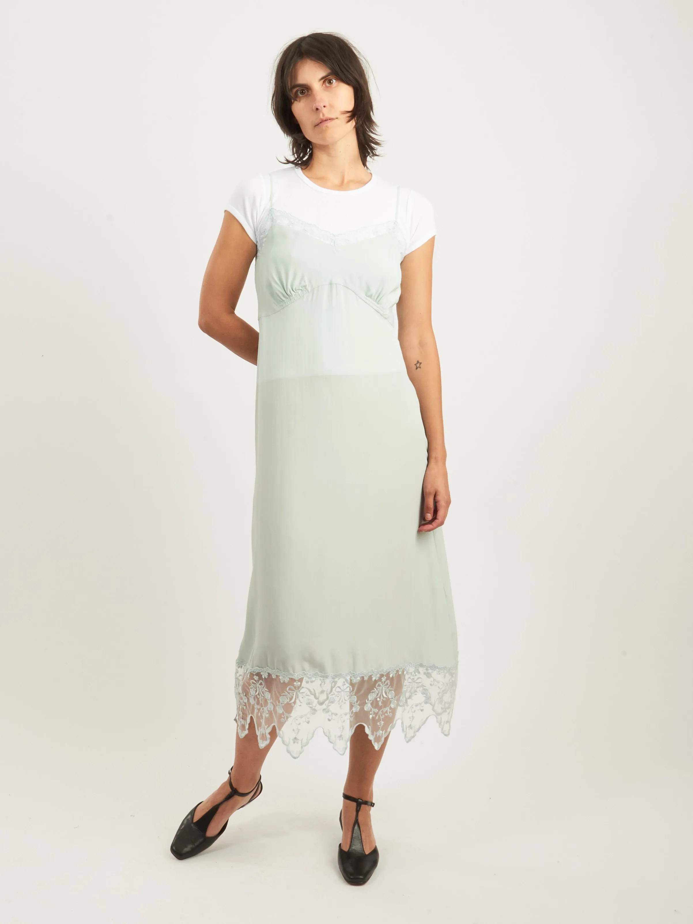 Duck Egg Slip Dress w/ Lace Trim